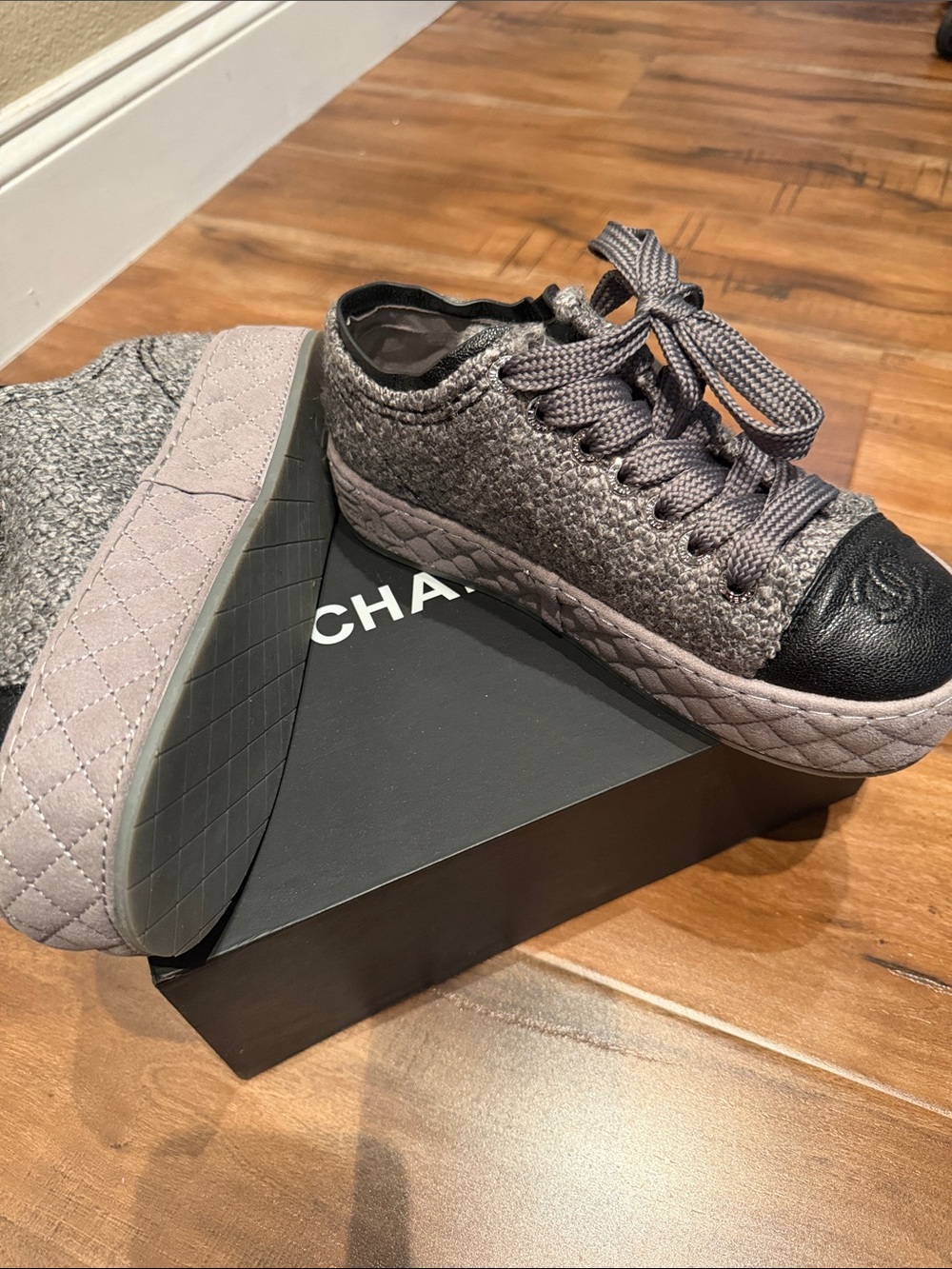 CHANEL Taupe Knit Kids Sneakers with Black Leather Toe